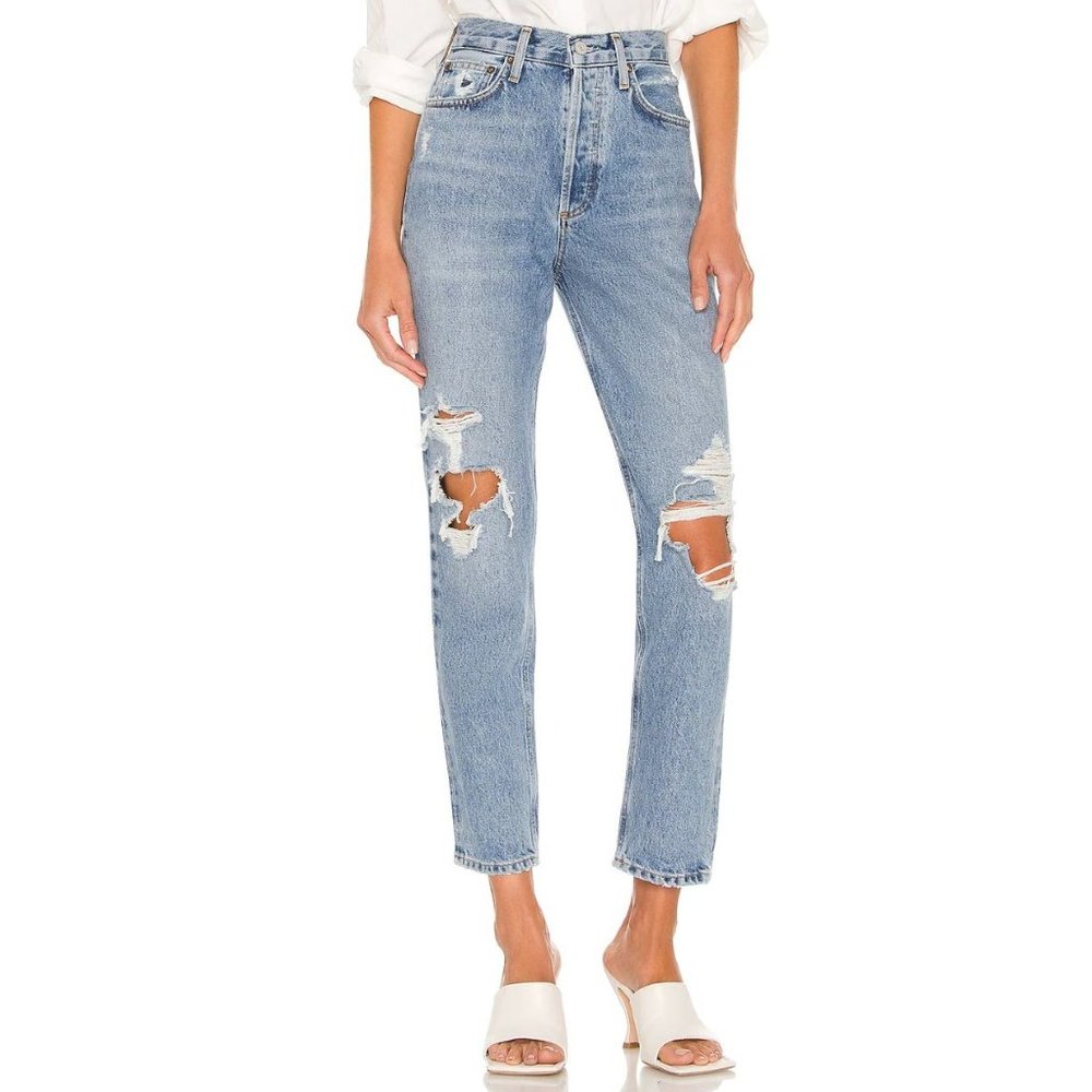 Agolde Fen High Rise Relaxed Taper Destroyed Blue Jeans Size 27